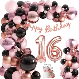 16th Rose Gold and Black Birthday Decorations for Girls Women with Happy Birthday Banner，Rose Gold Black Balloons Garland Arch Kit, 16th Foil Balloon Party Supplies