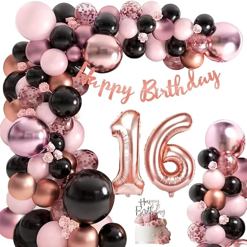 Girls' 16th Birthday & Anniversary Rose Gold & Black PVC Party Supplies Kit - Metallic Multi-Size Irregular Balloons, 25 Black Balloons, Banner, Foil Decor, 12in*20, 5in*15, PVC Glue, 1 Glue Point, Happy Birthday Cake Insert, 12 Inches*20