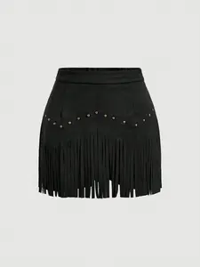 Women's Vintage Hippie Rivet Fringe Black Suede A-Line Skirt, Autumn Skirt,Nashville Outfits,Pirate Skirt
