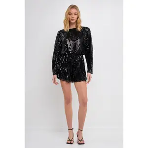 Boat Neck Sequin Romper - Fitted Long Sleeve Summer Top with Elastic Waist & Zipper - Navy Blue Sequin Embellished Women's Wear
