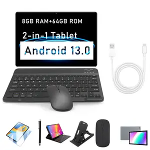 10.1-inch BDF G10 2-in-1 Touchscreen Tablet Android 13 8GB RAM 64GB ROM Android Tablet PC with keyboard leather case, mouse touch screen pen for calling tablet dual SIM card slots support TF card expandable 6000mAh battery