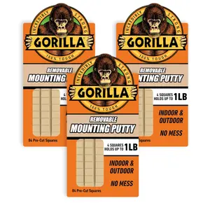 Gorilla Mounting Putty, Natural Tan Color, 84 Pre-Cut Squares (Pack of 3) - Non-Toxic Removable & Repositionable Wall Putty