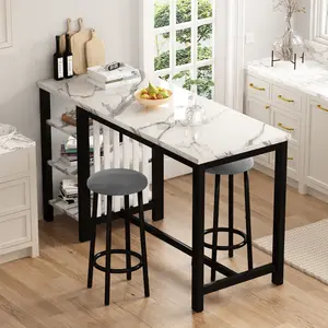 LinkRomat Bar Table Set with Storage Shelves, 47" Modern Faux Marble Breakfast Table with 2 Velvet Upholstered Stools, 3-Piece Dining Set for 2, Space Saving Table Set for Kitchen, Dining Room, Living Room, Studio