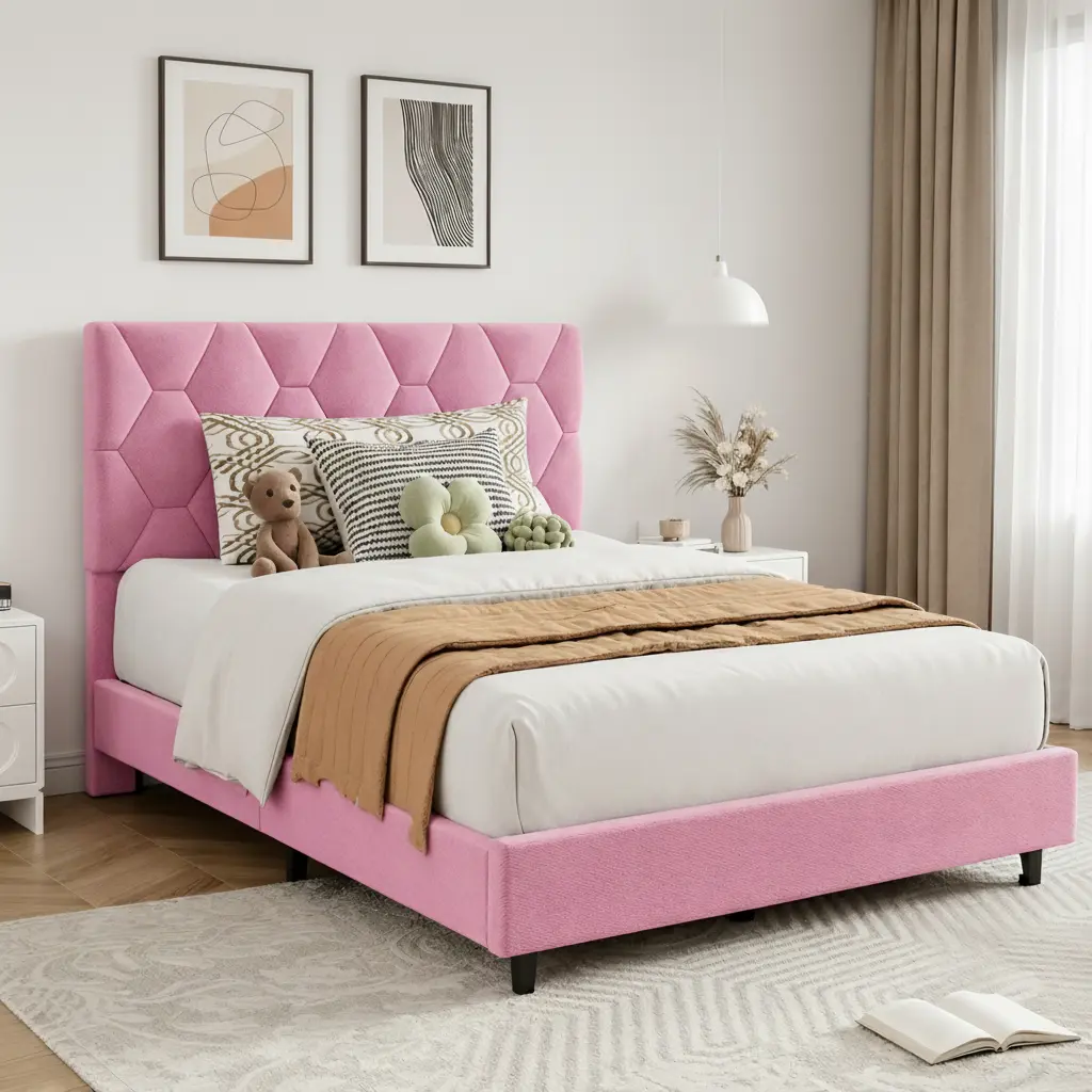 SA-Garvee Pink Twin Bed Frame, Heavy Duty Platform Bed Frame with Upholstered Headboard & Strong Wood Slats, No Box Spring Needed/Noise Free/Easy Assembly