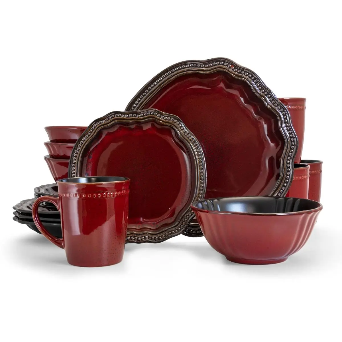 212 MAIN 16-Piece Regency Luxurious Stoneware Dinnerware Set - 4-Person Complete Set with Unique-Shape Plates, Red, Microwave-Safe, Dinnerware Sets