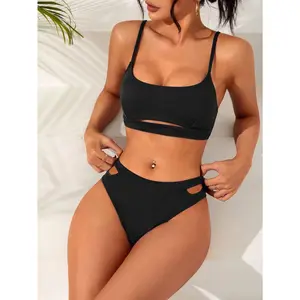 Swim Summer Beach Bikini Set Cut-Out Cami Bra & Cut Out Bikini Bottom 2 Piece Bathing Suit
