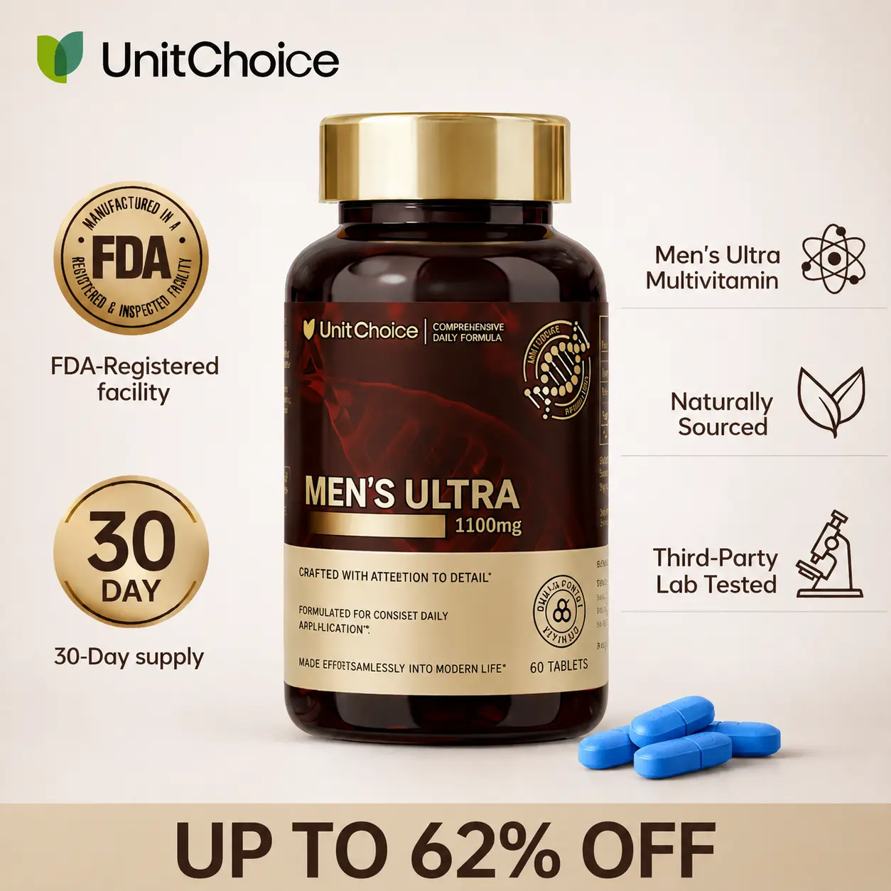 UnitChoice MEN’S ULTRA Multivitamin | Natural Healthcare Supplement | Plant-Based Formula | 60 Count | Contains Damiana