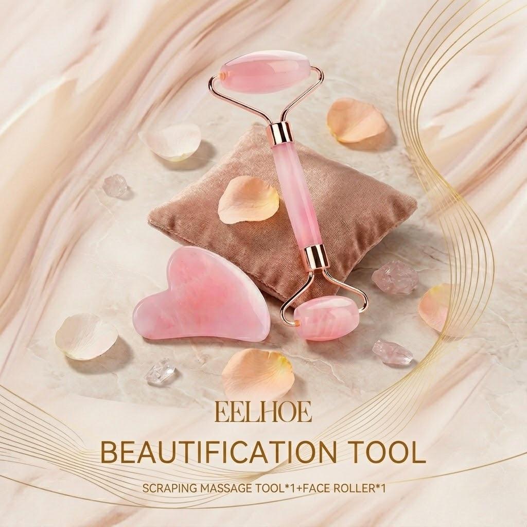 Rose Quartz Facial Roller & Gua Sha Set | Cooling Massage Tools for Glowing Skin & Self-Care Ritual