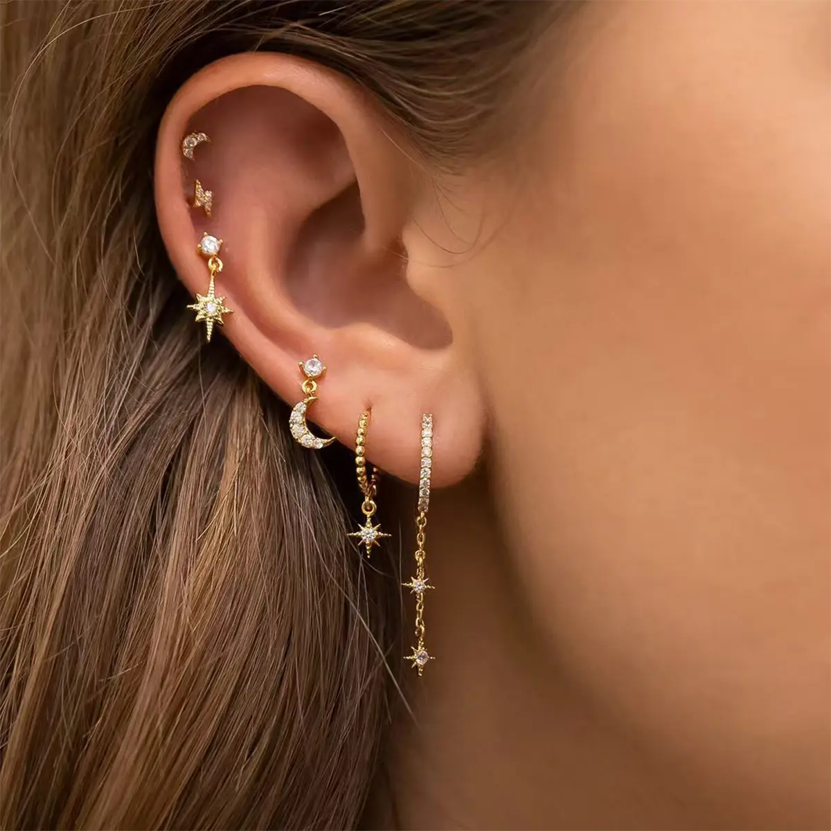 Women's Fashion Earring Set, Star and Moon Chain Tassel Earrings with Hexagonal Star and Zircon Stud Earrings, Women's Jewelry Gift