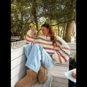 New autumn–winter fashion color-block striped knit sweater, casual loungewear, perfect knitwear for shopping and dates