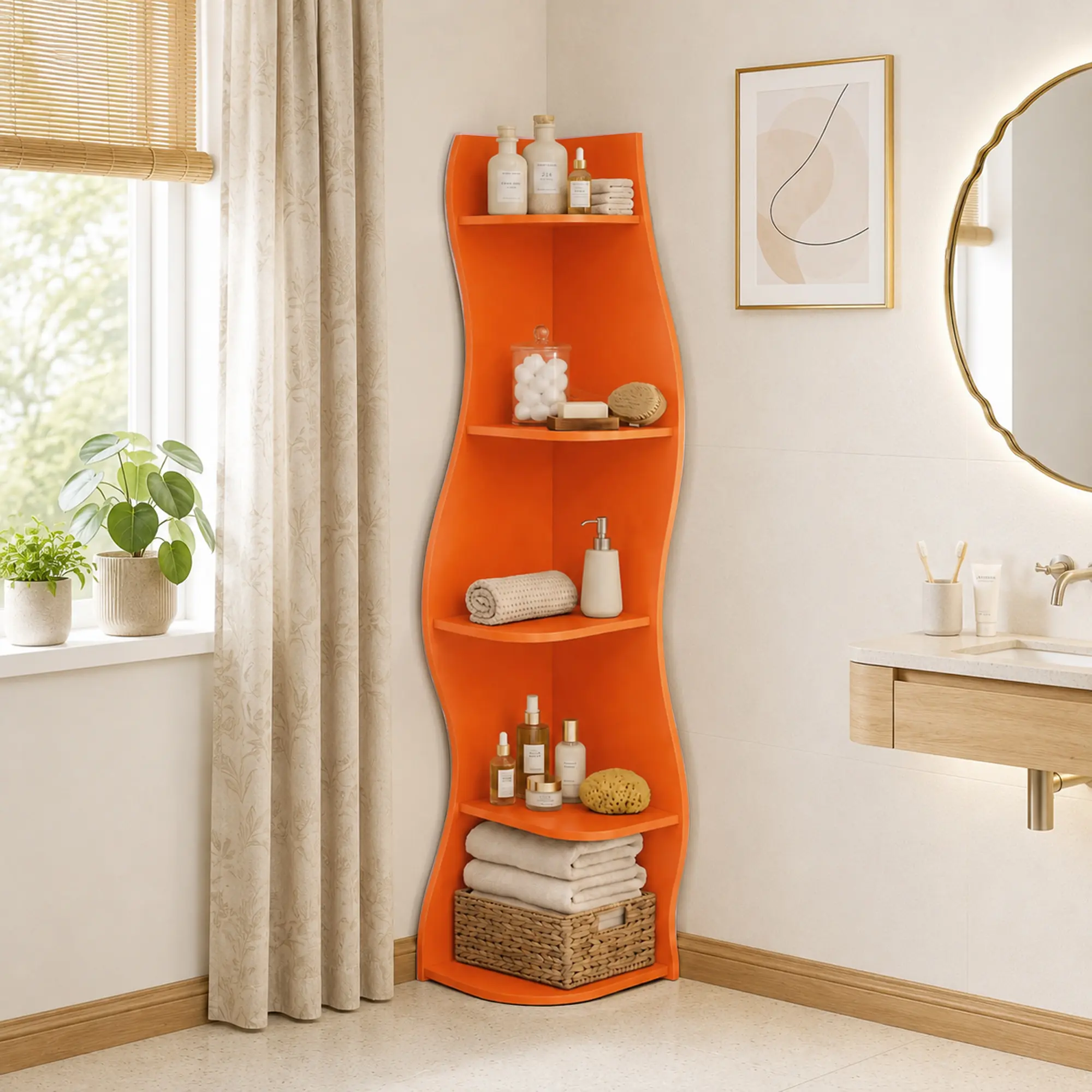 5-Tier S-Shaped Corner Shelf, Modern Freestanding Curved Display Rack, Space-Saving Corner Bookshelf Plant Stand for Living Room, Bedroom, Bathroom, Home Office