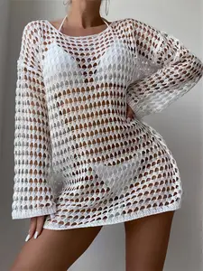 Women's Solid Hollow Out Crochet Cover Up Dress, Beach Swimsuit Cover, Casual Long Sleeve Cover Up Dress for Beach Holiday Vacation, Ladies Clothes for All Seasons