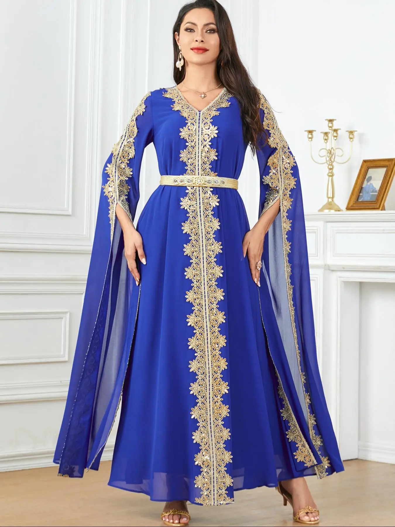 Arabic Clothing-contrast Lace Split Sleeve Dress with Tassel Decor Waist Belt, Elegant Contrast Sequin V Neck Maxi Dress for Party Holiday Wedding Gue