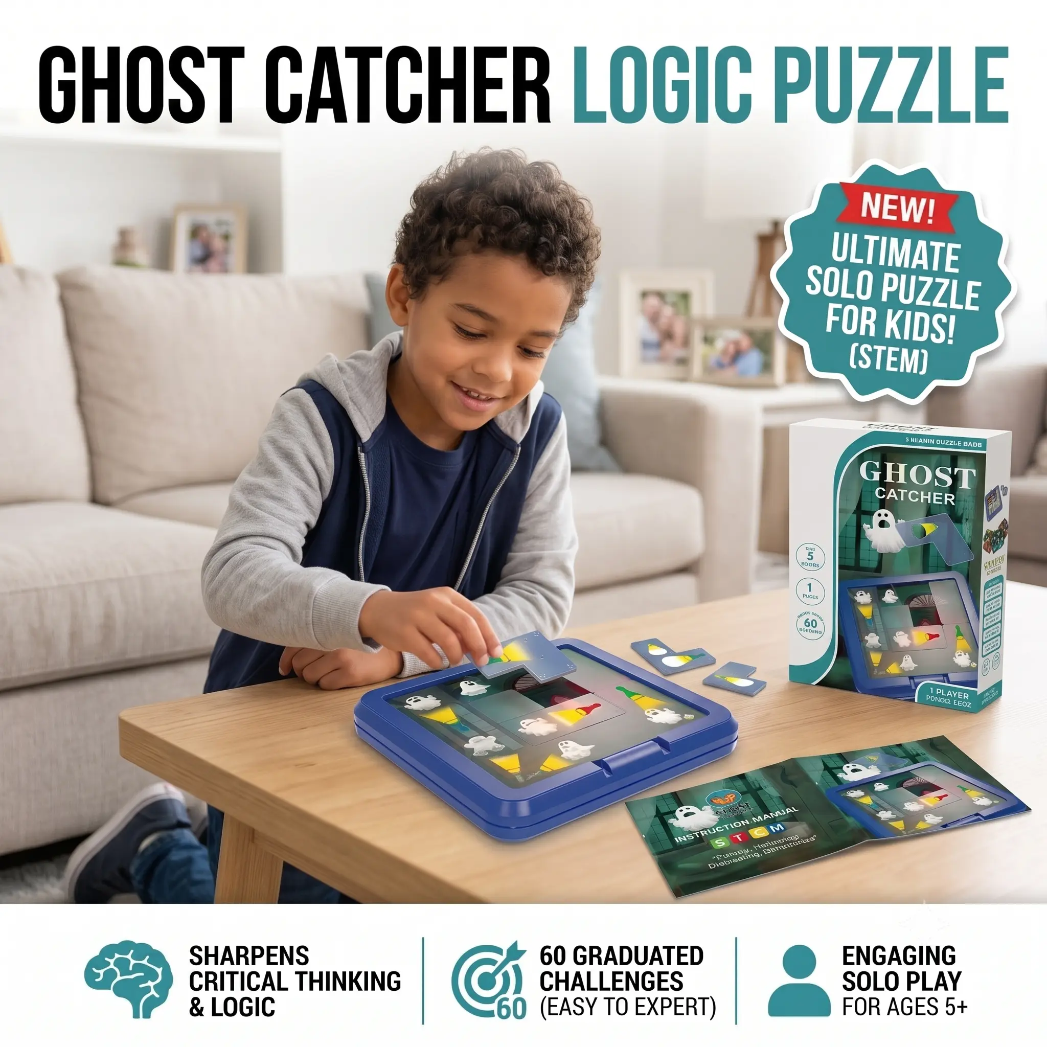 Logic Puzzle Ghost Catcher Maze Brain Teaser Game for Kids - BPA-Free, Eco-Friendly, Unisex, Beginner-Friendly, Screen-Free STEM Learning Toy, 60 Challenges, Travel Size Toy, Focus-Building Birthday Gift