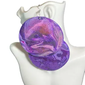 Purple Rain 3 Inch Earrings - Marble-Style Design with Light and Dark Acrylic Paint & Magenta & Dark Purple Glitter Finish, Hook Earrings