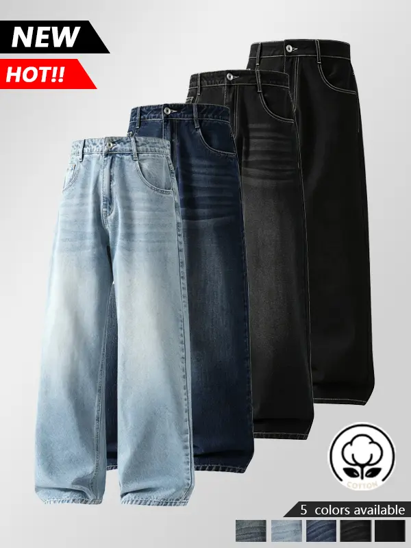 Men’s jeans made from cotton-containing fabric, comfortable and skin-friendly; washed denim with a vintage distressed design; baggy men’s jeans suitable for street-style casual everyday wear, versatile for various outfit combinations.