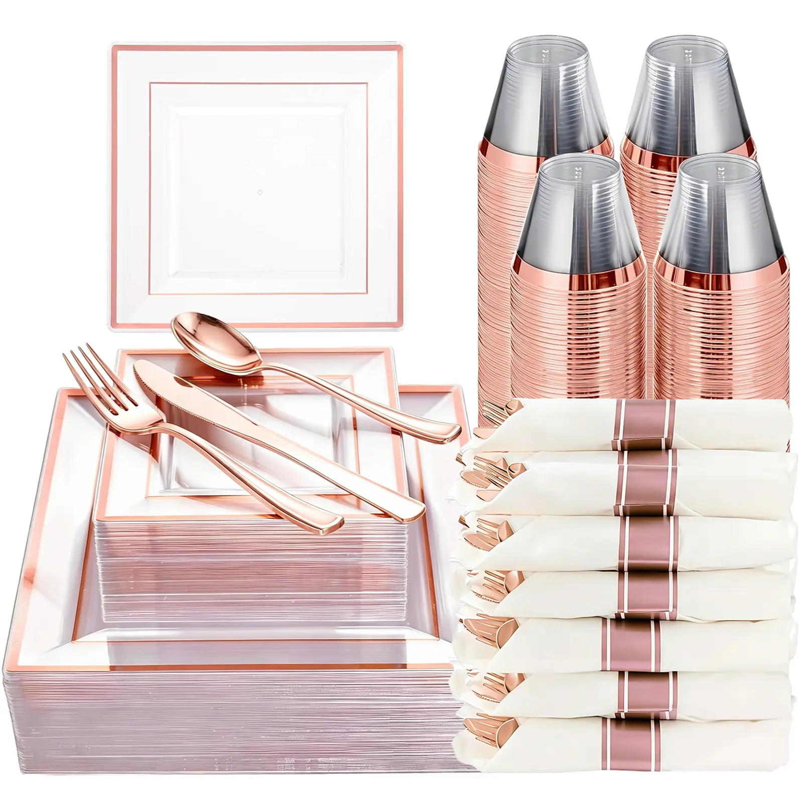 175 PCS Rose Gold Dinnerware Set For 25 Guests, Rose Gold Square Plastic Plates, Include: Plastic Plates, Rolled Napkins, Cups, Cutlery Set