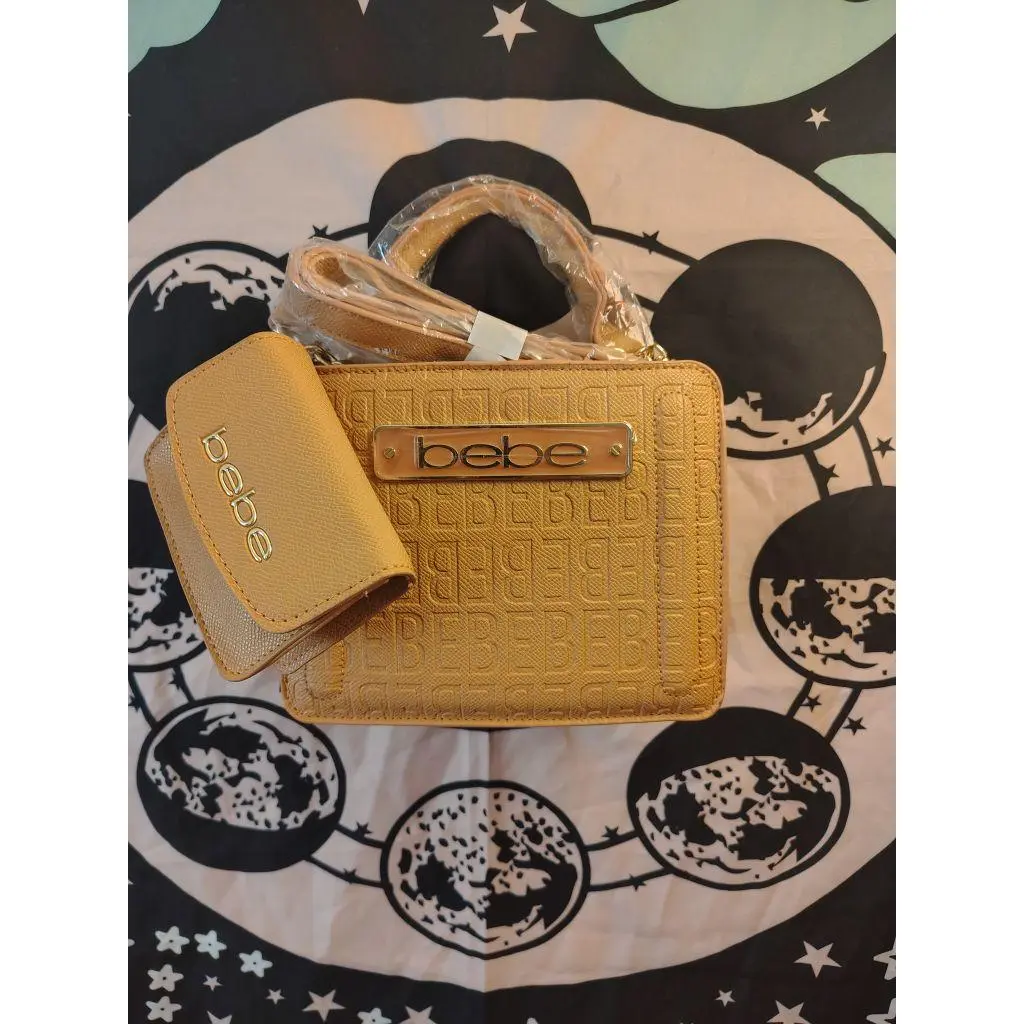 Bebe Yellow Embossed Purse with Bebe Logo Matching Wallet