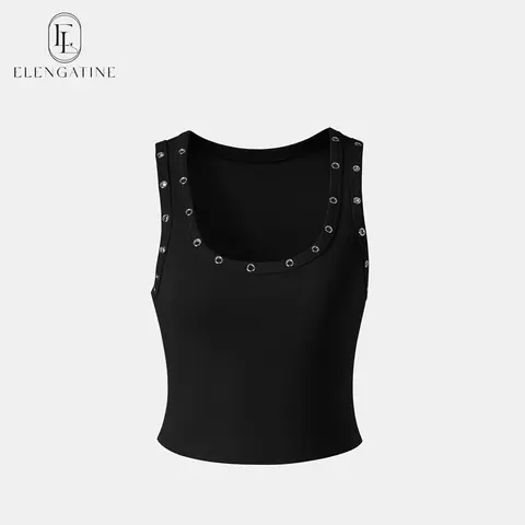 EL ELENGATINE Women's Ribbed Crop Tank Top - Grommet Detail Scoop Neck, Slim Fit 95% Poly Stretch Fabric, Cute 2000s Y2K Street Style, Date Night Top, Concert Wear, Night Out Chic Going Out Clothes for Women, Easy to Pair with Jeans/Cargo Pants