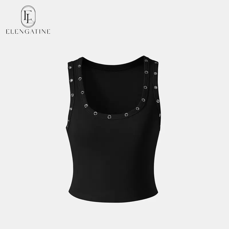 EL ELENGATINE Women's Ribbed Crop Tank Top - Grommet Detail Scoop Neck, Slim Fit 95% Poly Stretch Fabric, Cute 2000s Y2K Street Style, Date Night Top, Concert Wear, Night Out Chic Going Out Clothes for Women, Easy to Pair with Jeans/Cargo Pants