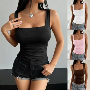 Women Square Neck Sleeveless Tank Top Basic Tight T-Shirt