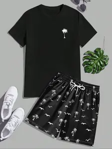Two-Piece Set Men's Tropical Palm Tree Print Tee & Drawstring Waist Shorts Set, Regular Fit Casual Round Neck Short Sleeve T-shirt & Track Shorts, Men's Summer Clothes