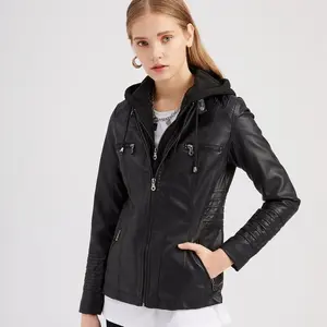 Women's Black PU Leather Biker Jacket with removable hood party clothes, Faux Leather Motorcycle Coat, Long Sleeve jackets for women, street fashion streetwear S-XL