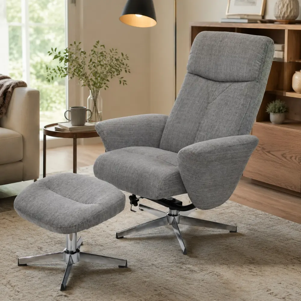 Littleox Swivel chenille Recliner with Ottoman Chair Modern Armchair Ergonomic Push Manual Reclining Footrest Upholstered Bedroom Living Room Reading Home Relax Office, Light Grey