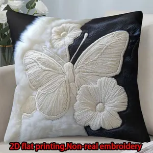 2D flat print 1pc short plush decoration single-sided pillowcase butterfly flowers non-real embroidery Machine washable multi-size pillowcase suitable for bedroom living room sofa(excluding pillow core)