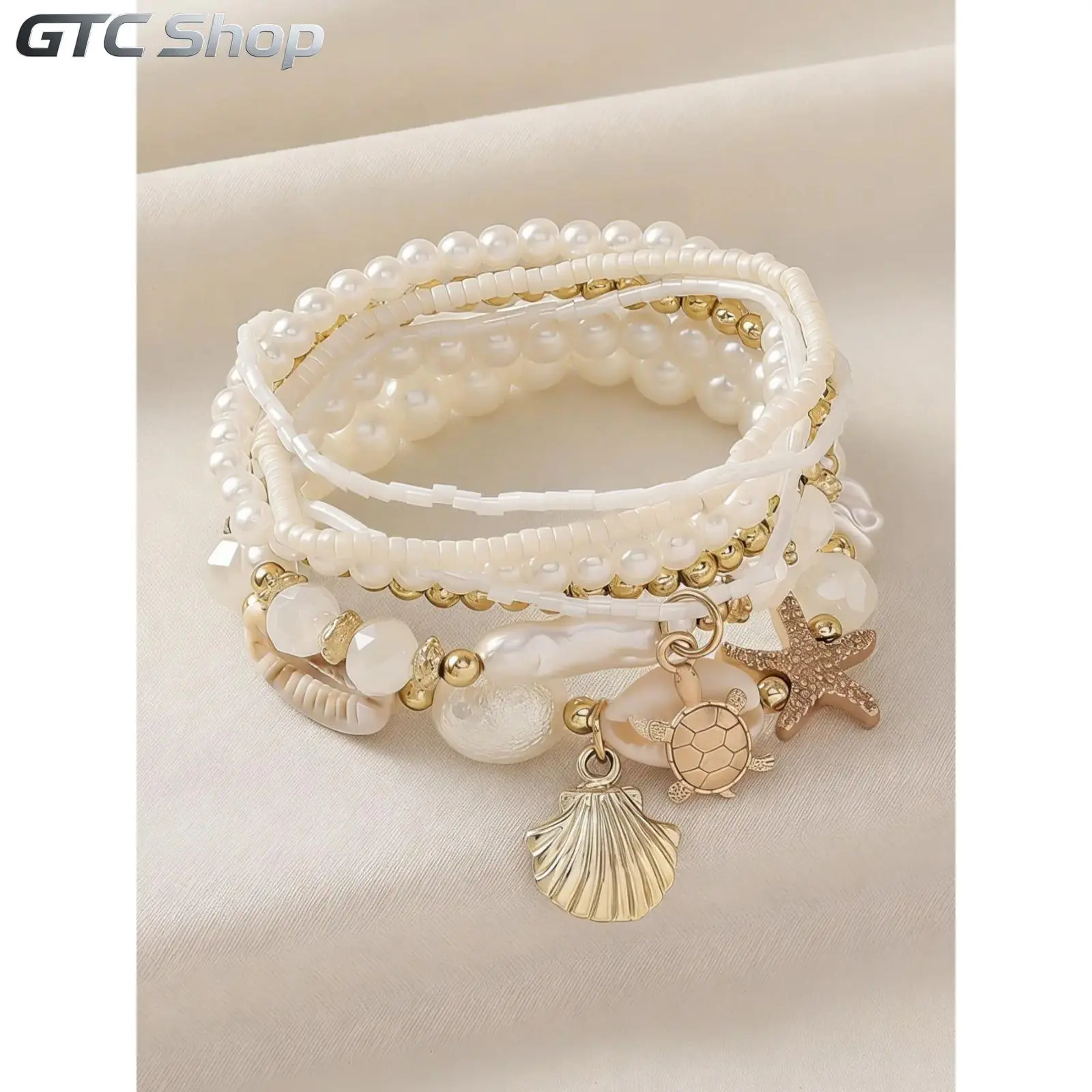 Women's Boho Shell & Starfish Bracelet Set, Exquisite Trendy Bracelet, Artificial Pearl Party Vacation Jewelry, Beach Style Handmade Accessories, Faux Pearl summerwins
