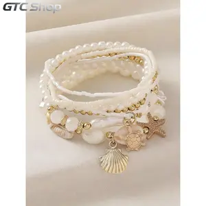 Women's Boho Shell & Starfish Bracelet Set, Exquisite Trendy Bracelet, Artificial Pearl Party Vacation Jewelry, Beach Style Handmade Accessories, Faux Pearl