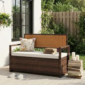 2-in-1 Outdoor Storage Bench Weather Resistant PE Rattan Patio Bench with Cushion Garden Poolside Storage Box Seat