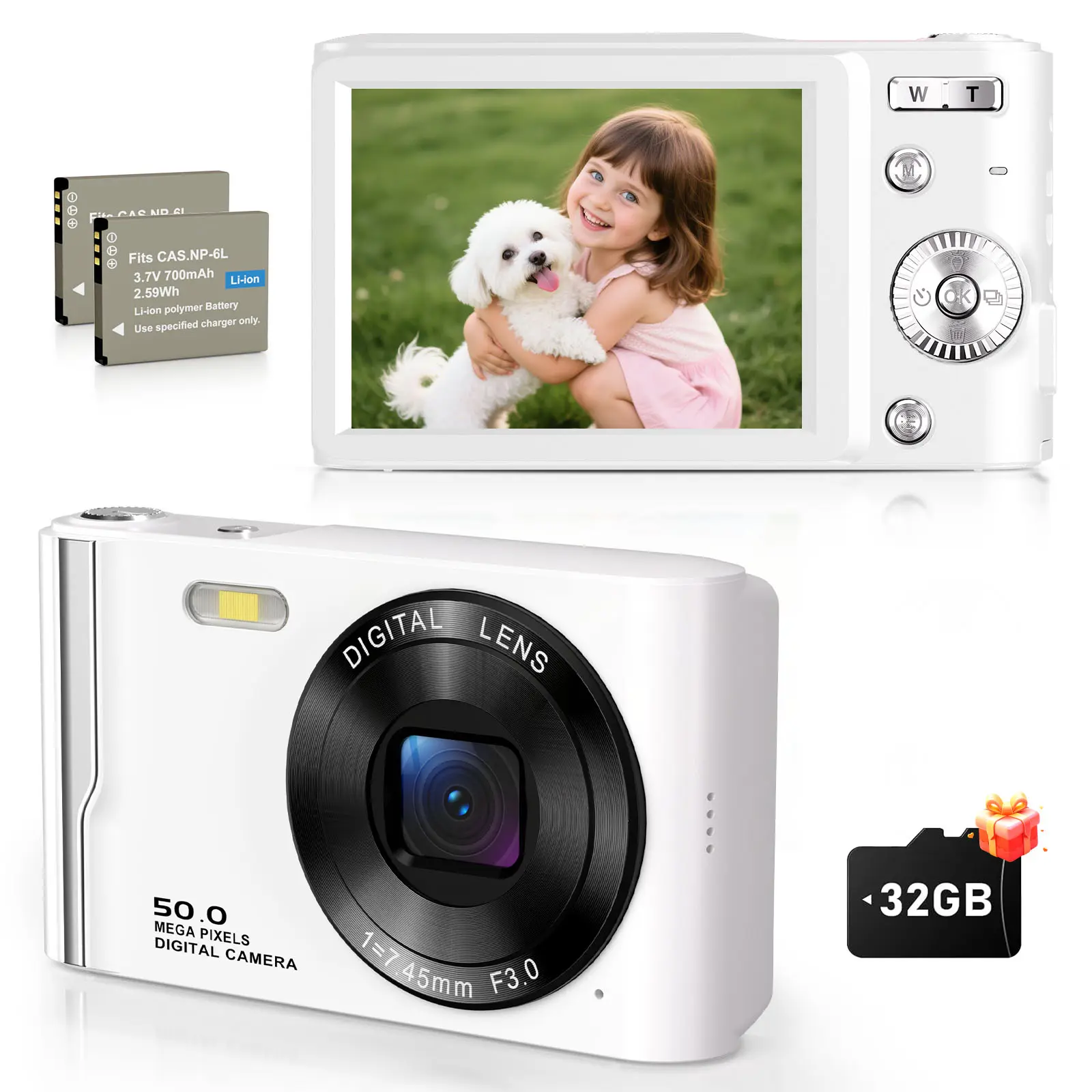 summerwins White Compact Portable Pocket Point and Shoot Digital Camera - Rechargeable, Anti-Shake, 32G Micro SD Card & Charging Head Included, Ideal Beginner Digital Camera for Teenagers, Cameras