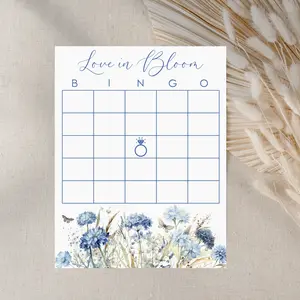 Love in Bloom Bridal Shower Bingo Card, Blue Wildflowers, Interactive Game