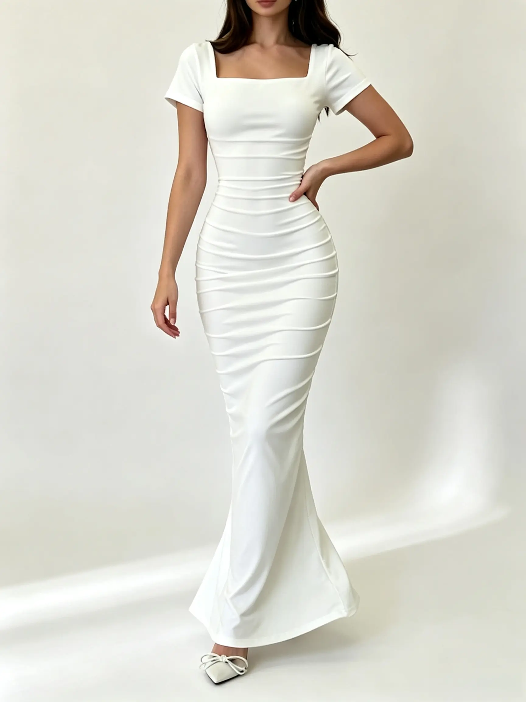 Women's Casual White Summer Minimalist Long Dress - Structured Collar, Short Sleeves, High-Stretch Textured Fabric, 3D Pleats, Bodycon Fit, Suitable for Everyday Wear & Gatherings