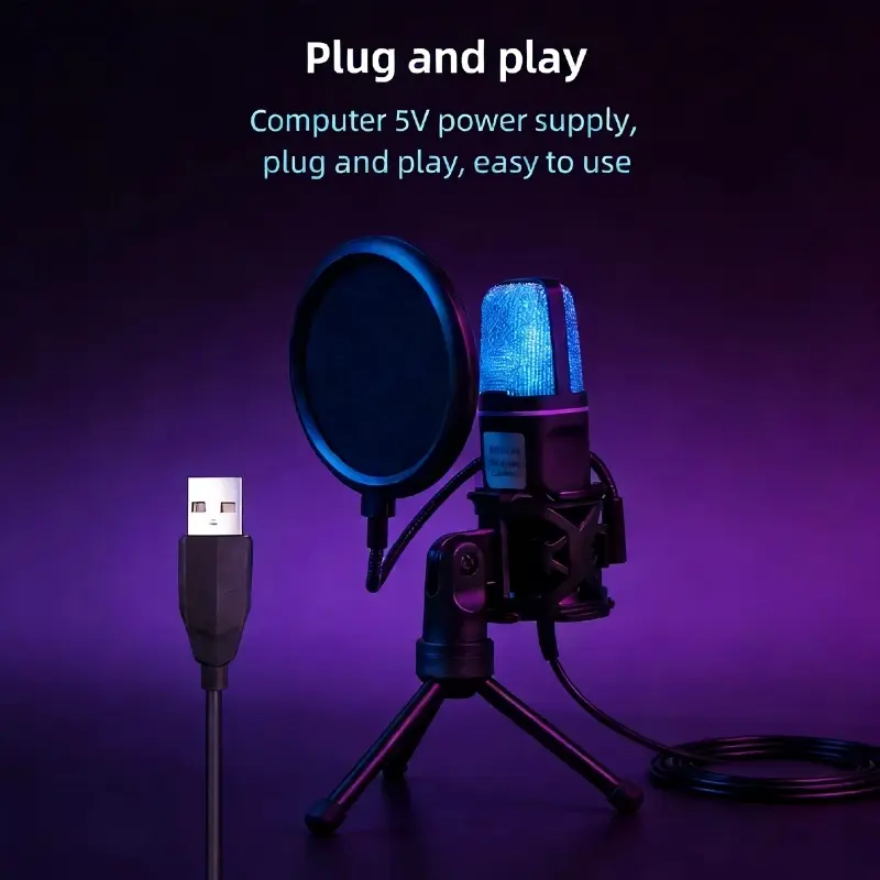 USB Gaming Microphone with RGB Lights, Noise Reduction, Rotatable Gain Knob, Plug and Play, Wired Recording, Compatible with Ps4/5/PC, Computer, Ideal for Streaming & Podcasts