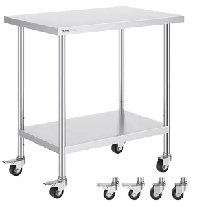 VEVOR Durable Stainless Steel Work Table (24x36x38 in) - 4 Wheels, 3 Adjustable Height Levels, Organiser Racks Shelf for Commercial Kitchen, Father's Day Gift, Silver