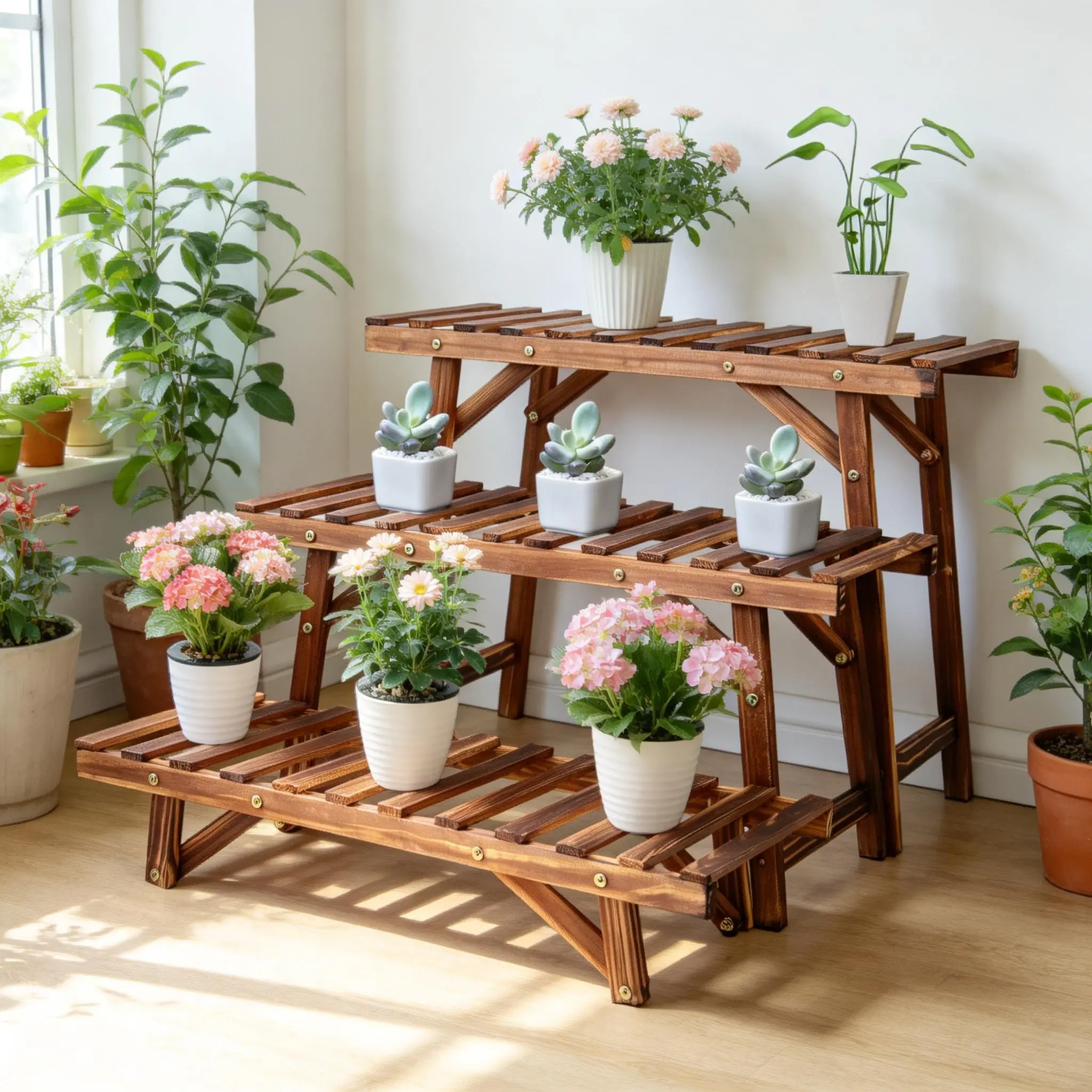 3-Pack Pine Wood Ladder-Shape Shelving Unit, 70x25x12.5cm Retro Vintage Multi-Use Garden Corner Flower Pot Holder, 3pcs Home Improvement Display Stand, Gift for Friends