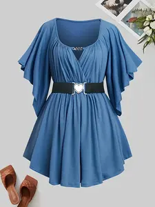 Plus Size Asymmetrical Sleeve Knit Round Neck Dress with Belt and Chain Detail, Elegant Long Sleeve A-Line Dress for Women, Casual Wear