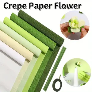 57 Pcs Crepe Paper Flower DIY Kits,Including 6 Rolls 35g Crepe Paper Sheets,50 Pcs Floral Iron Wire 10 Inch x 8 Feet,1 Roll 50 Meter for Birthday Party Wedding(Green Series)