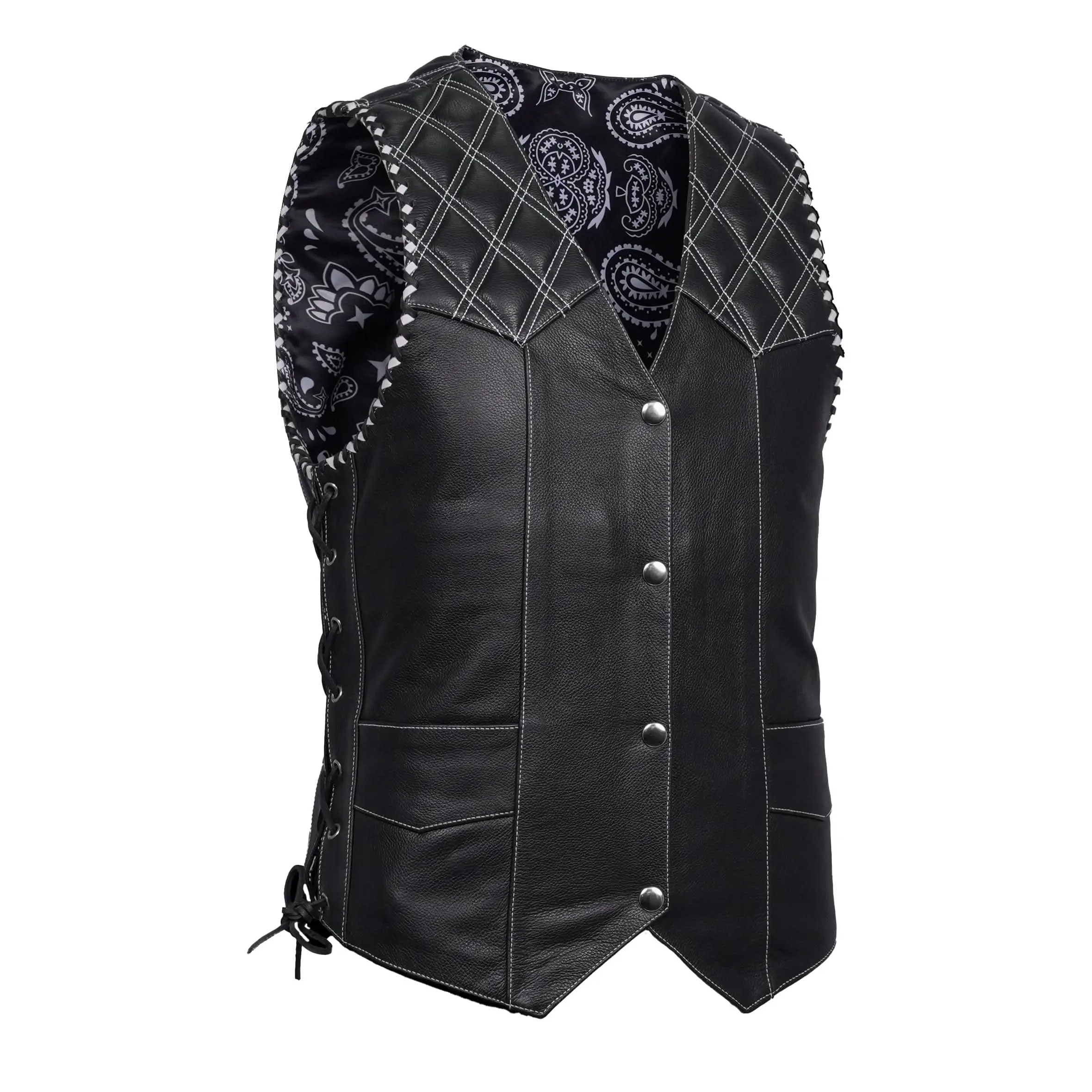 RENEGADE CLASSICS Road-Ready Men's Biker Leather Vest with Quilted Shoulders, Paisley Lining, Adjustable Side Laces, and Pockets