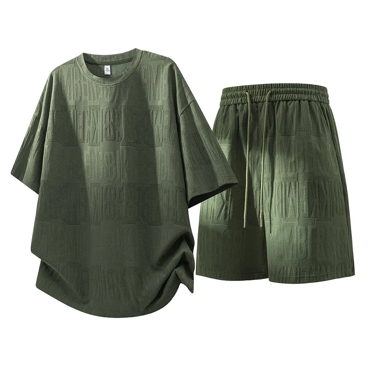 Men's 2-Piece Fashion Tracksuit Set - Oversized Baggy Gym Outfits, Relaxed Cut, 3D Jacquard Letter-Embossing, Curved Hem for Casual Street Style & Gym Fits