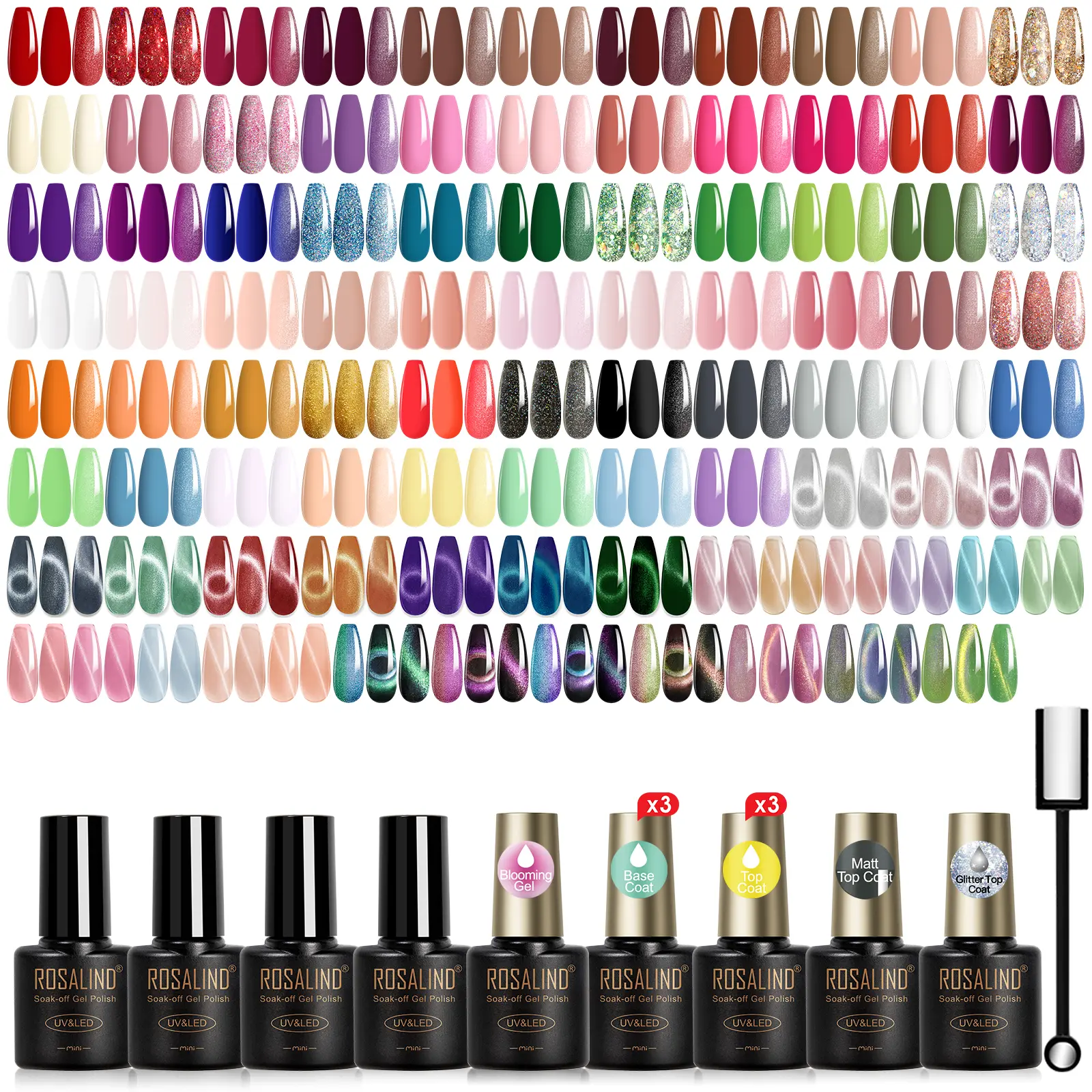 ROSALIND 100-Piece UV Gel Nail Polish Kit, 91 Colors with Base & Top Coats, Cat Eye & Blooming Gel - Manicure & Nail Care Cosmetic Gift Set, Plastic, Glossy, Glitter, Gift Box, Nail Art