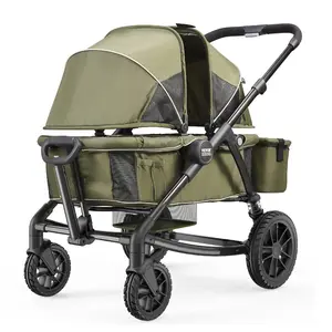 VEVOR All-Terrain Stroller Wagon, 2 Seats Foldable Expedition 2-in-1 Collapsible Wagon Stroller, Includes Canopy, Parent Organizer, Snack Tray Cup Holders, 55lbs for Single Seat, Olive Green