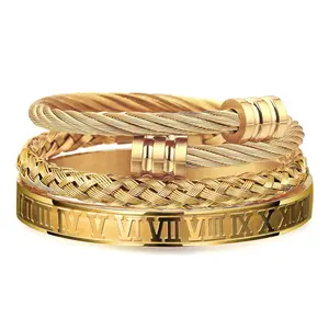 3-Piece Stainless Steel Bracelet Set | Twisted, Braided & Roman Numeral | Cross Open Cuff Bracelet