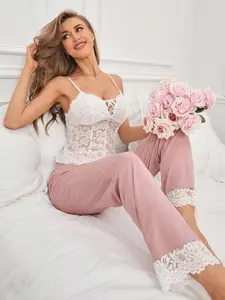 Sweetheart Women's Two-Piece Set, Lace Trim Elegant Tank Top + Long Pants, Soft Comfortable, Home Sexy Pajama Set, Loungewear, Pjs, Nightwear, All Seasons