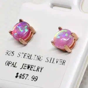 Brand New Pink Fire Opal Stud Earrings in 14K Rose Gold over 925 Sterling Silver