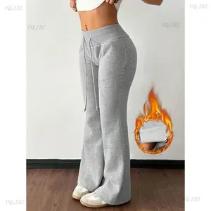 2025Casual Low-Waist Drawstring Waist Elastic Sports Pants Flared Pants Sweatpants Thermal Lined Composite Velvet Suitable For Autumn And Winter