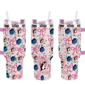 Buc-ee’s Inspired 40oz Insulated Tumbler with Handle and Straw - Pink Coquette Aesthetic with Floral, Bows, and Beaver Logo Pattern - Floral & Bow Design Insulated Travel Cup - Cute Beaver Logo Gift for Her