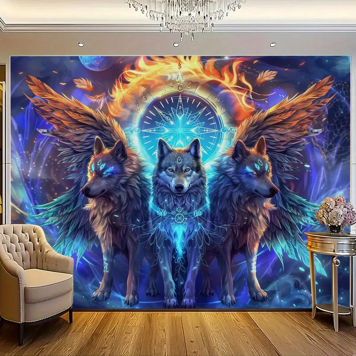 1 Sheet, Mystical Wolf Trio Tapestry - Universal Polyester Wall Banner for Bedroom, Living Room, Dorm - Hollywood, Celestial Theme, No Electricity Required, Flexible for Home and Garden